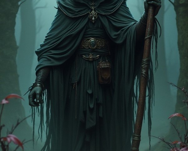 Dark Figure with Scythe in Misty Forest Scene