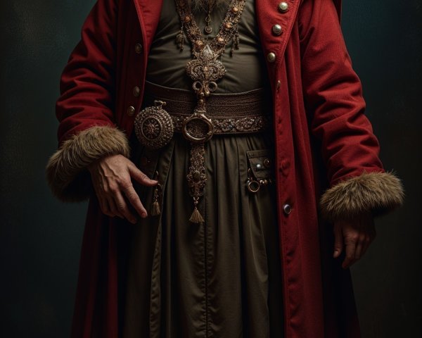 Regal figure in red coat with silver hair and jewelry