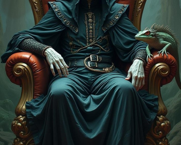 Skeletal Figure on Ornate Throne in Dark Forest Scene