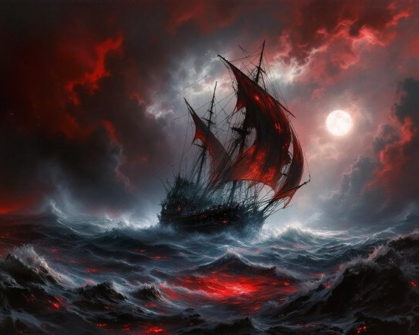 Menacing ship with tattered sails in stormy sea