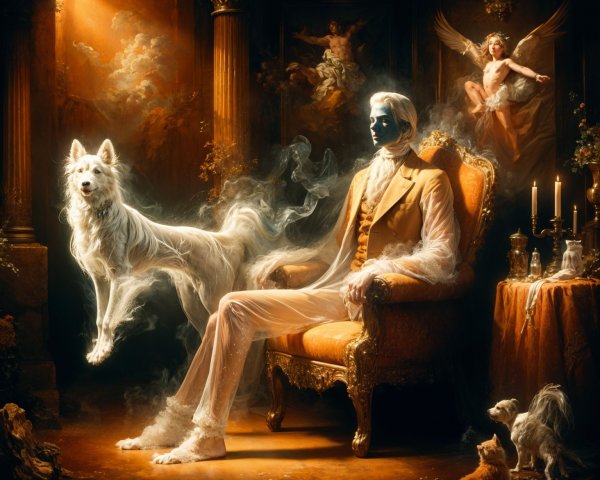 Spectral Figure and White Dog in Lavish Candlelit Room