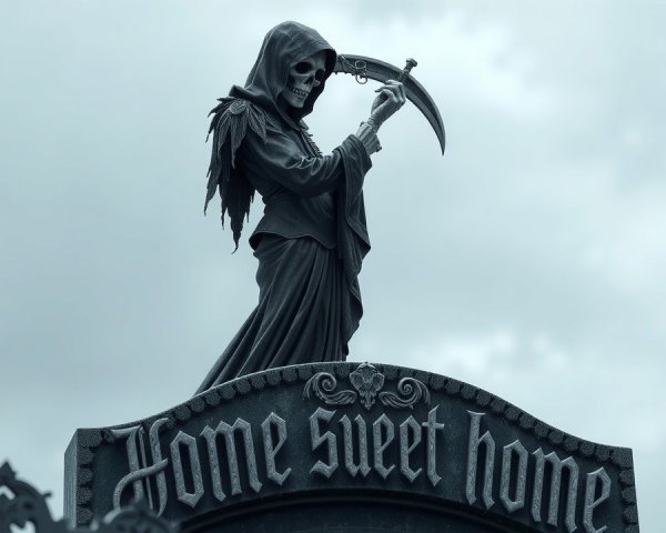 Skeletal Grim Reaper on "Home Sweet Home" Sign