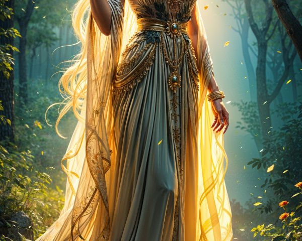 Radiant Figure in Sunlit Forest with Golden Gown