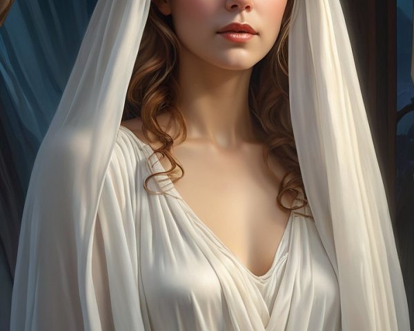 Young woman in white gown with veil in soft light