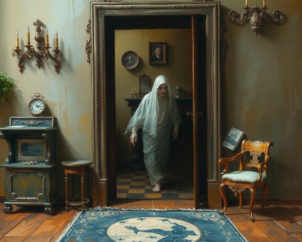 Mysterious Scene in a Dimly Lit Room with Spectral Figure