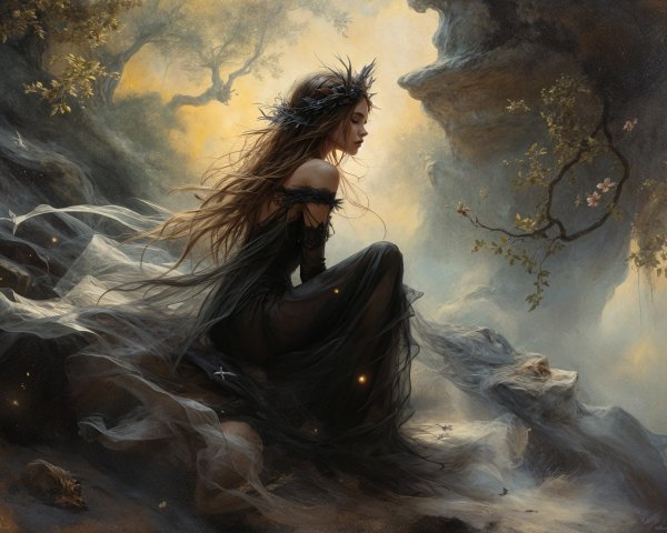 Serene figure in black dress on a rocky outcrop