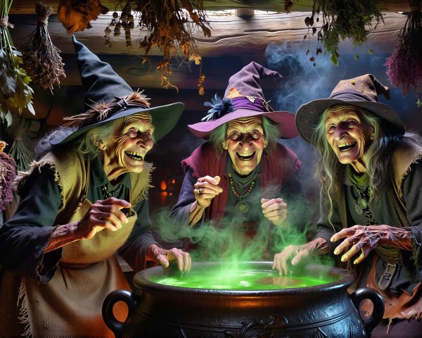 Three Witches Brewing Potion in Black Cauldron