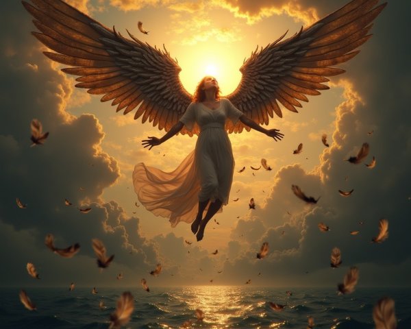 Majestic angel with detailed wings above sunset ocean