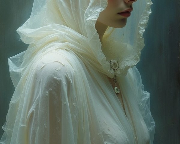 Young woman in translucent white hooded garment