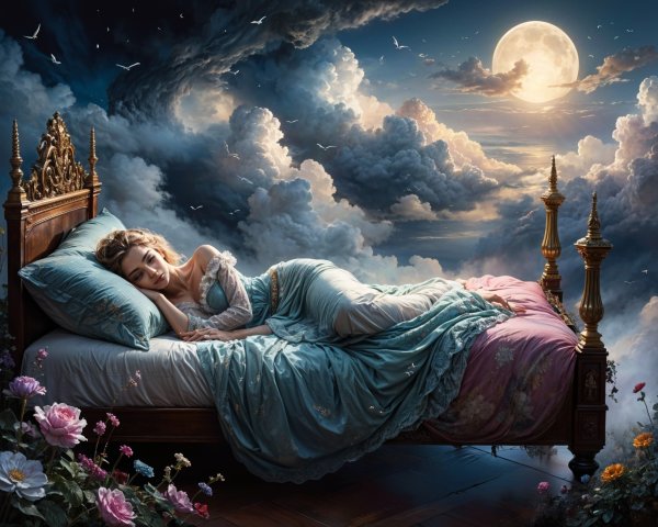 Serene Bedroom Scene with Moonlight and Flowers