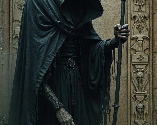 Mysterious cloaked figure with trident staff in stone setting