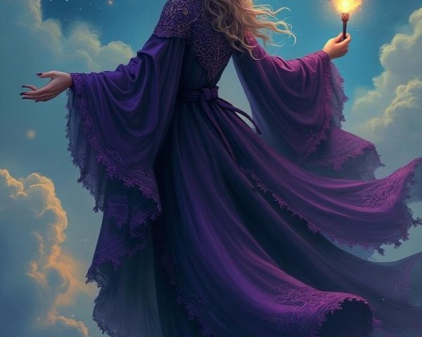 Mystical Woman in Purple Robe Among Starry Clouds