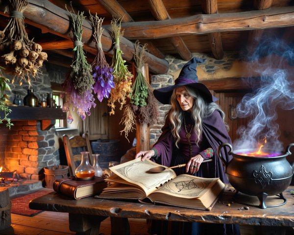 Old Witch in Rustic Room with Cauldron and Spellbook