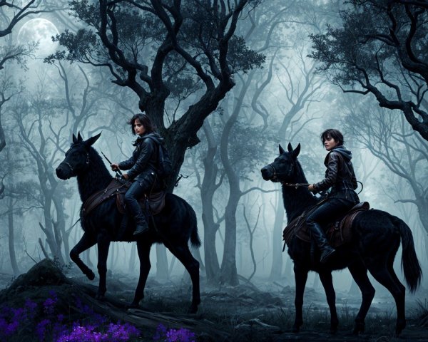 Mystical forest with riders on black horses at night