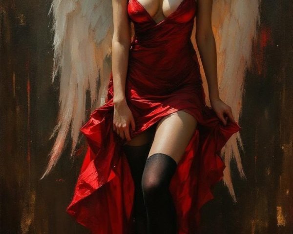 Figure with White Wings in Red Dress and Moody Background
