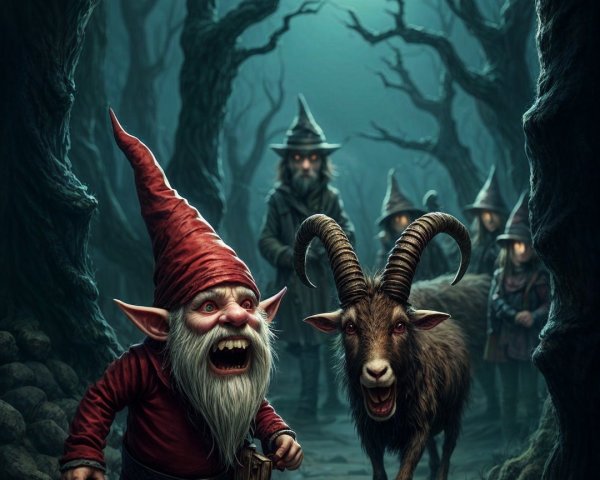 Mystical Forest Scene with Gnome and Horned Goat