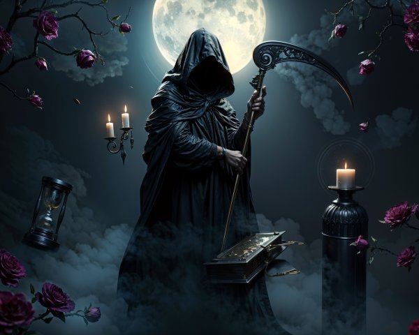 Cloaked Figure in Moonlit Landscape with Scythe and Symbols