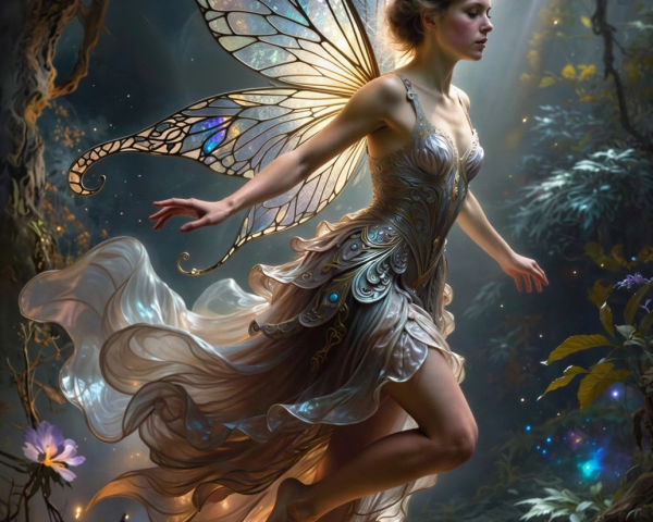 Fairy with Shimmering Wings in Fantasy Forest Setting