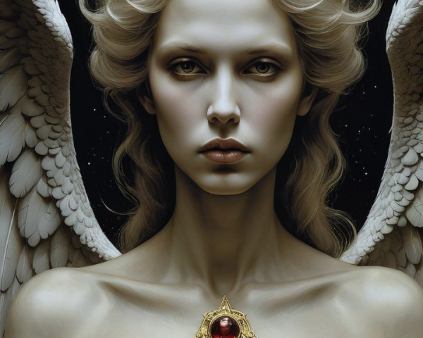 Celestial Figure with Wings and Cosmic Background