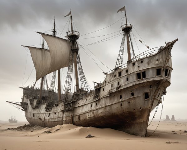 Shipwrecked galleon in a desert landscape scene