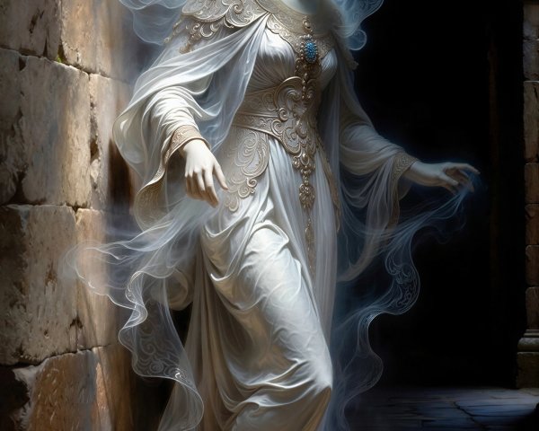 Ghostly Female Figure in Dim Ancient Stone Hallway