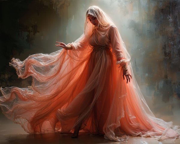 Graceful dancer in ethereal peach gown and veil