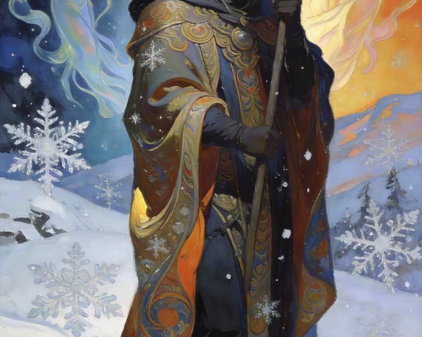 Majestic Grim Reaper in Snowy Landscape with Scythe