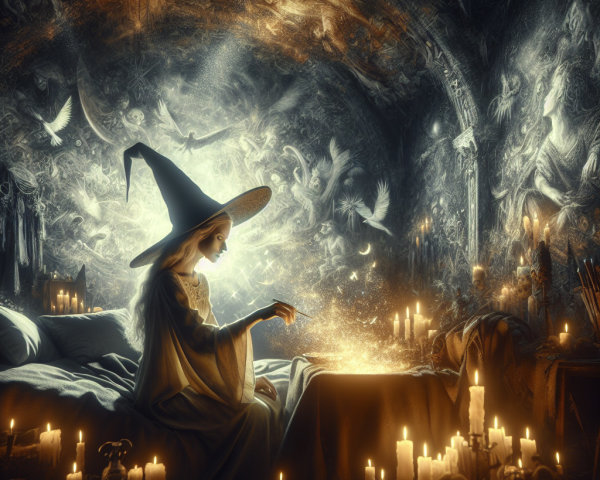 Witch Conjures Magic in Enchanting Candlelit Chamber