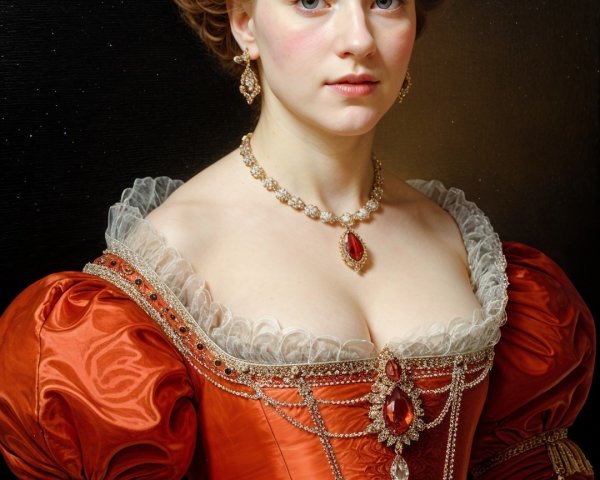 Regal Woman in Orange Gown with Crown and Jewelry