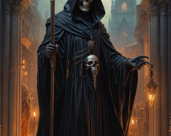 Cloaked Skeletal Figure Under Ornate Archway in Mist