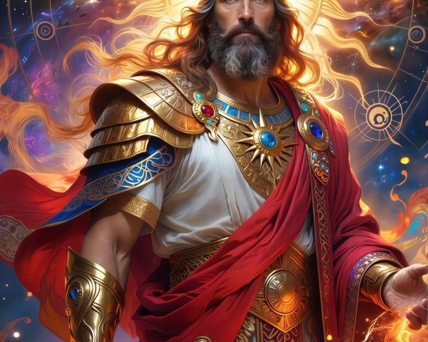God-like figure in ornate armor against cosmic backdrop