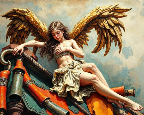 Young Woman with Angelic Wings on Rooftop Scene