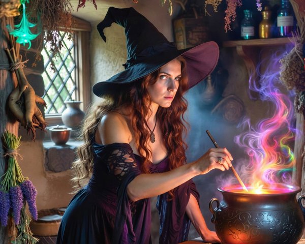 Witch in Purple Dress Stirring Cauldron in Cottage