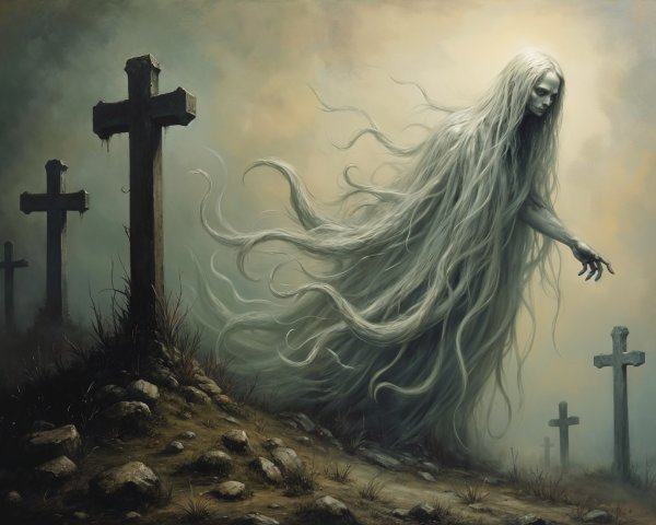 Ethereal Figure in a Misty Graveyard Scene