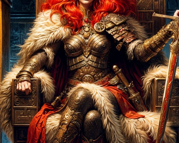 Warrior Queen on Throne with Golden Armor and Sword