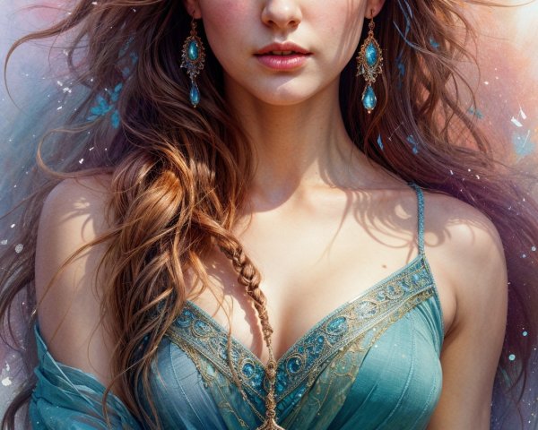 Ethereal Young Woman in Embroidered Blue Dress