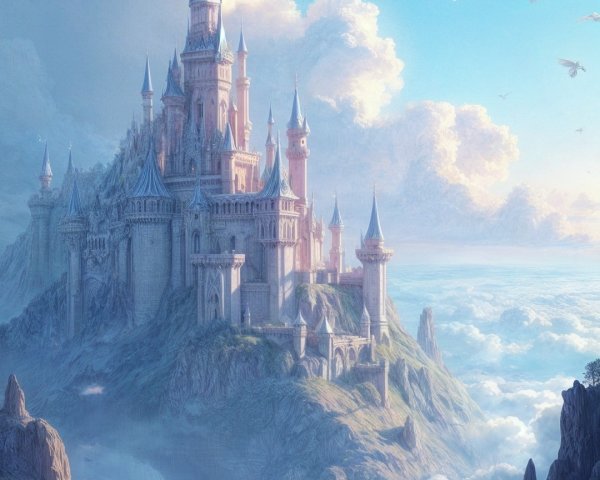 Majestic castle on a rocky hill with serene sky
