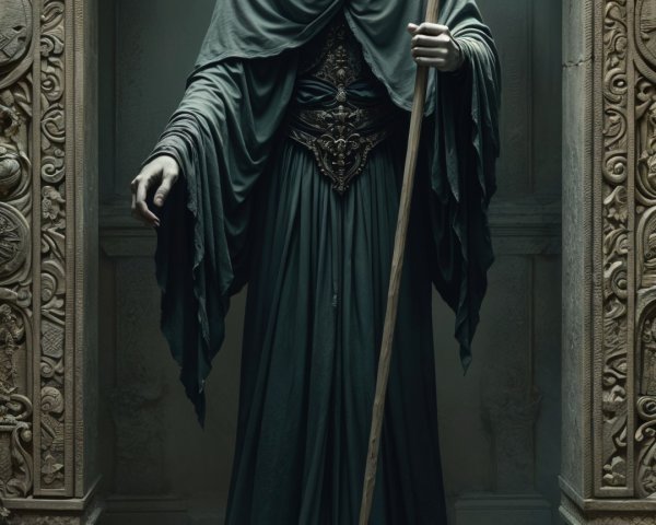 Mysterious Figure in Dark Robe with Spear in Archway