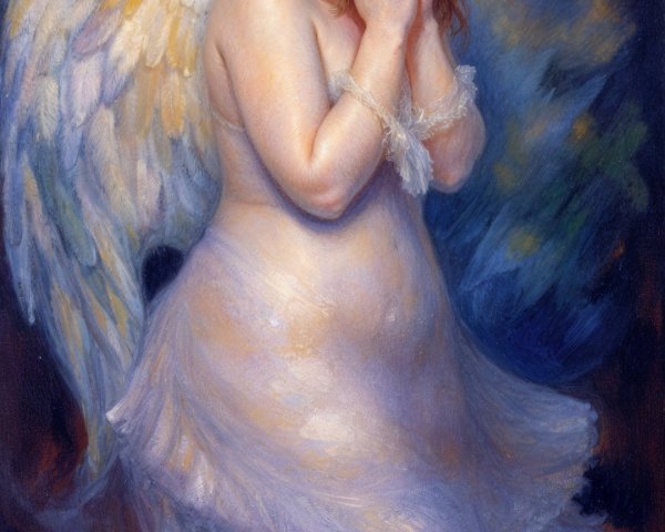 Young girl with wings in a flowing white dress
