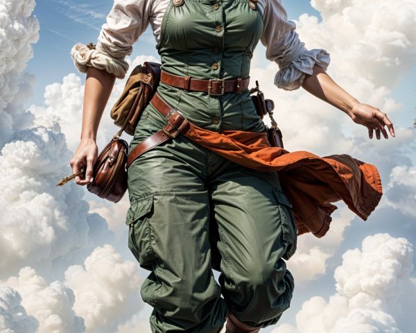 Young woman in green jumpsuit floating above clouds