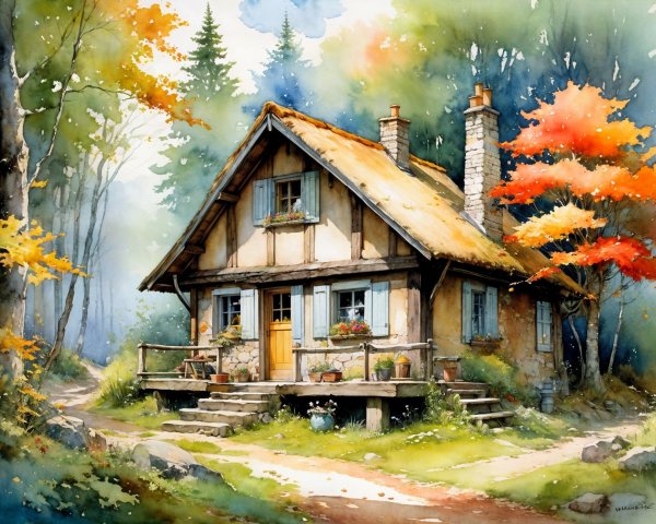 Charming Cottage in a Serene Forest with Autumn Foliage