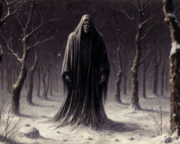 Ominous Figure in a Wintry, Desolate Forest