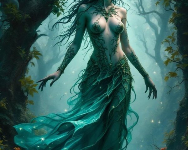 Mystical figure in an enchanting forest setting