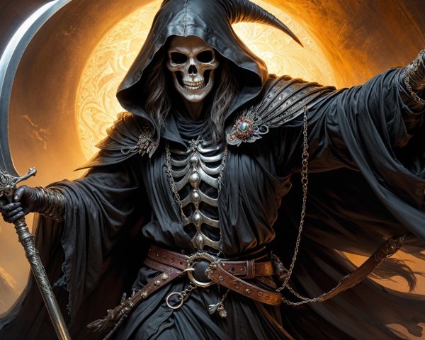 Menacing figure in dark robes with scythe and skull face