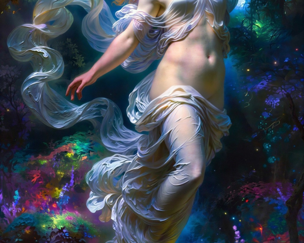 Ethereal Woman Floating in a Mystical Forest Portrait