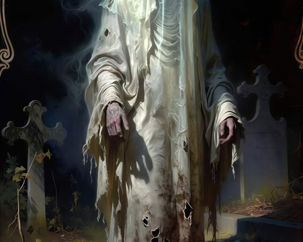 Spectral Figure in Dimly Lit Graveyard Setting