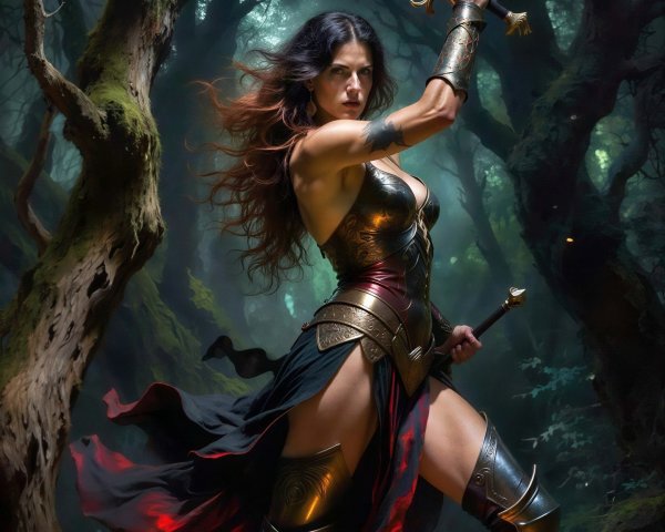 Full body shot of a woman warrior in detailed armor