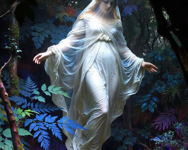 Woman Levitating in a Magical Nighttime Forest