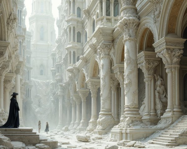 Ornate Ruins in an Ethereal Landscape with Cloaked Figure