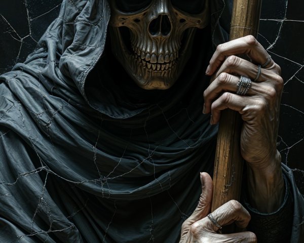 Skeletal Figure in Dark Robes with Staff and Skull Face